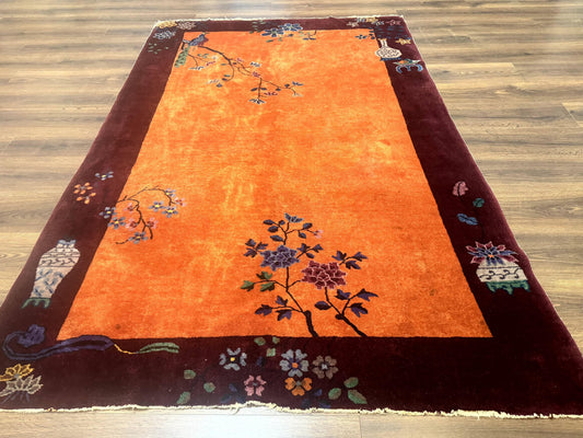 Chinese Art Deco Rug 5x8, Antique Chinese Wool Rug, Nichols Rug, Rare Chinese Carpet, Orange and Purple-Maroon - Nuvé