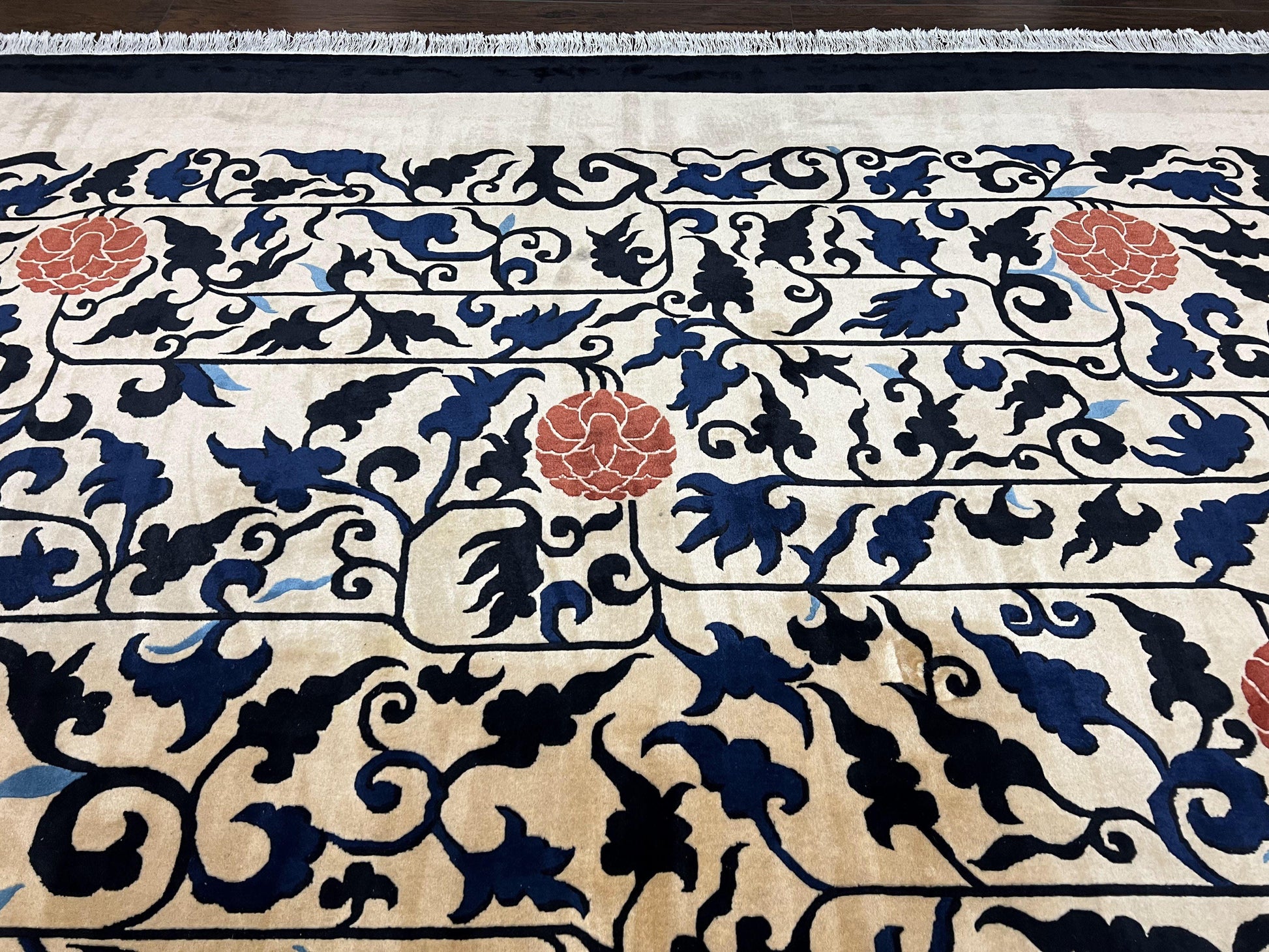Antique Chinese Peking Rug 10x14, Beige Black, Handmade Wool Art Deco Carpet - Nuvé
