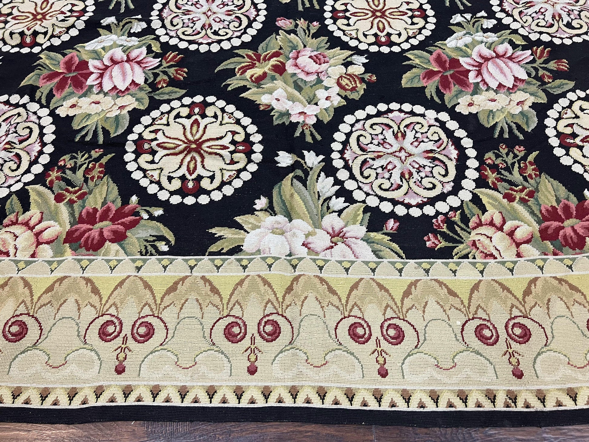 9x12 Black Needlepoint Rug, European Floral Panel Design, Handwoven, Vintage Chinese Needlepoint, Black Green Beige, Wool Rug 9 x 12 - Nuvé