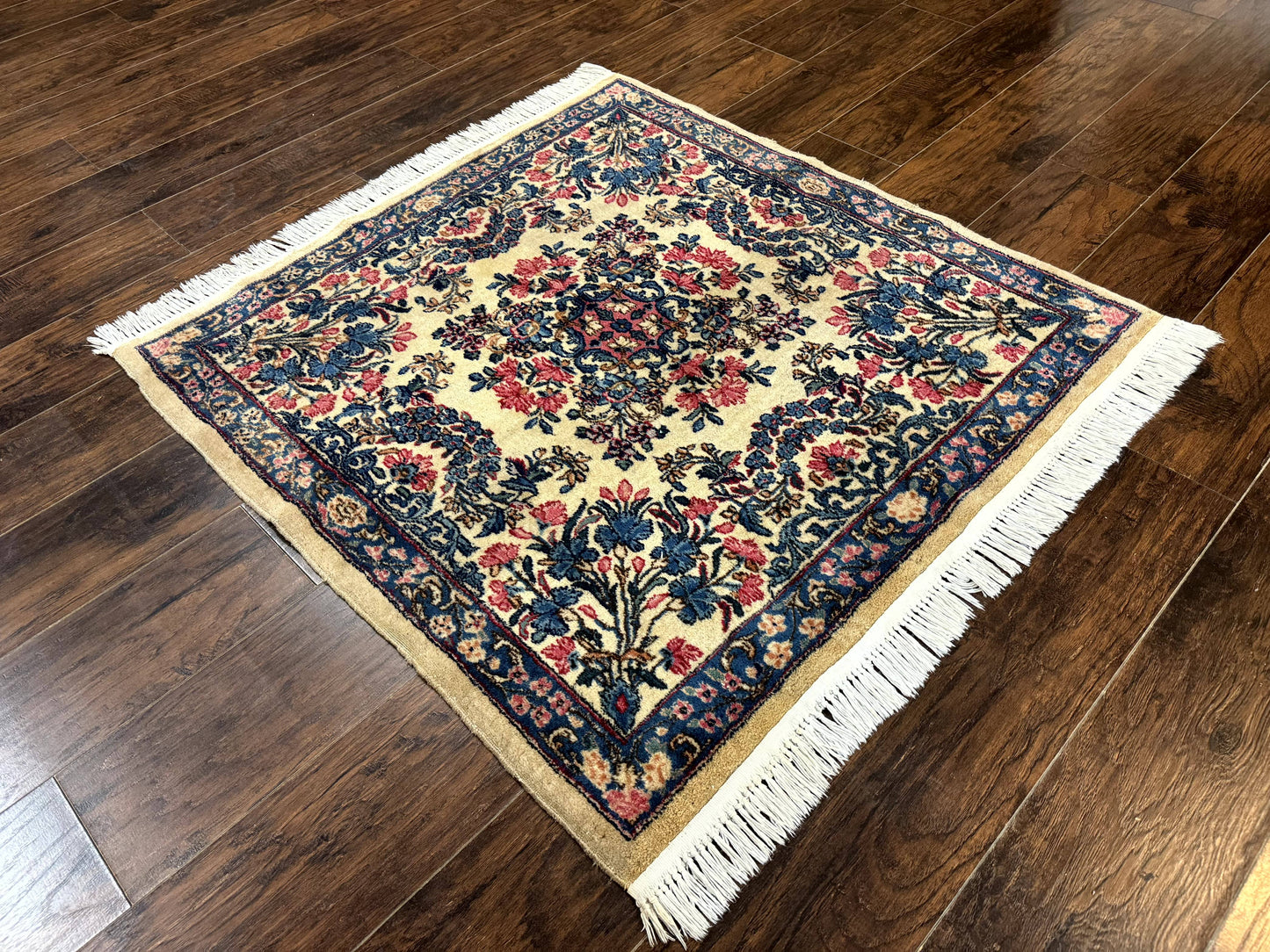 Square Persian Kerman Rug 4x4, Ivory Blue Pink, Handmade, Fine 225 KPSI - Nuvé
