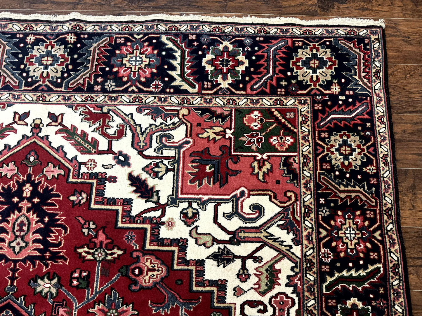 Indo Persian Heriz Rug 8x10, Geometric Medallion, Brick Red Ivory Navy Blue, Room Sized Heriz Carpet, Wool Rug - Nuvé