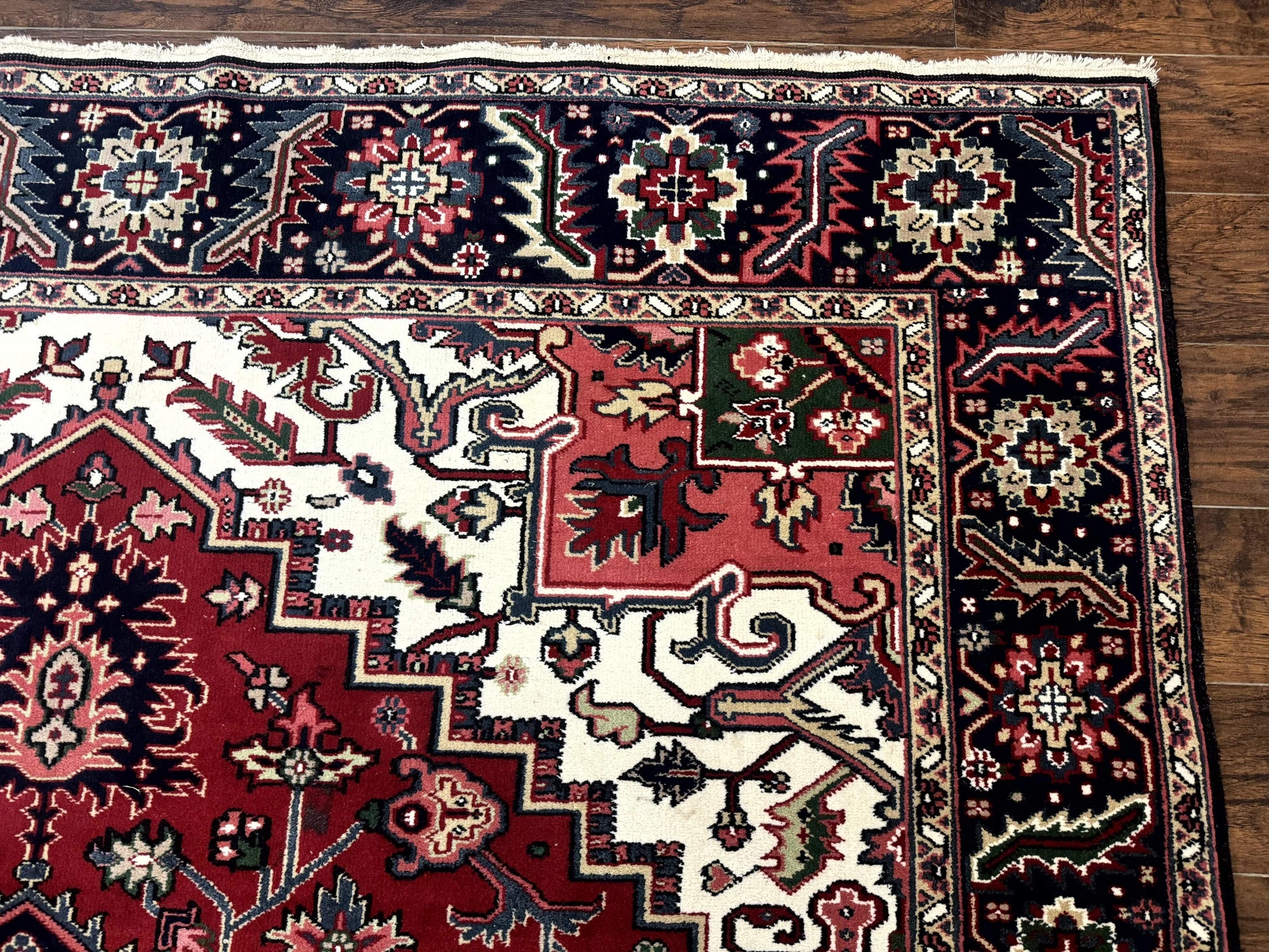 Indo Persian Heriz Rug 8x10, Geometric Medallion, Brick Red Ivory Navy Blue, Room Sized Heriz Carpet, Wool Rug - Nuvé
