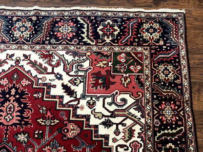 Indo Persian Heriz Rug 8x10, Geometric Medallion, Brick Red Ivory Navy Blue, Room Sized Heriz Carpet, Wool Rug - Nuvé