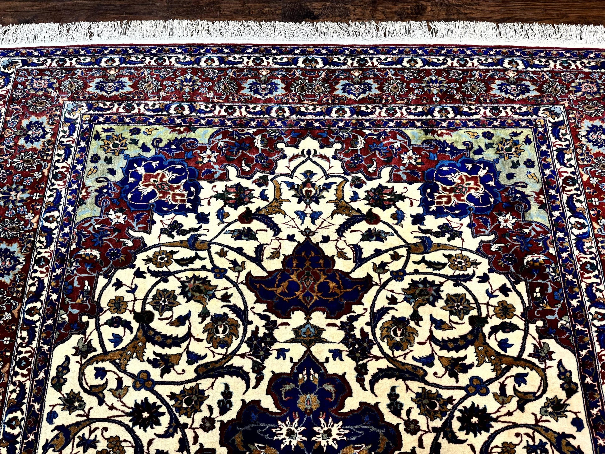 Wonderful Persian Isfahan Rug 7x9, Ivory Navy Blue Red, Floral Medallion, Very Finely Hand Knotted 260 KPSI, Handmade Wool Vintage Rug - Nuvé