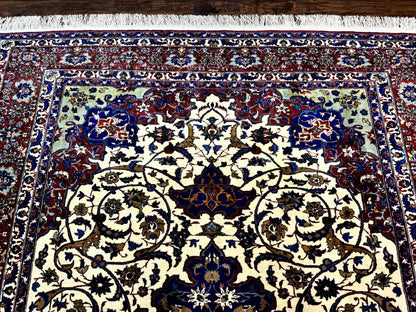 Wonderful Persian Isfahan Rug 7x9, Ivory Navy Blue Red, Floral Medallion, Very Finely Hand Knotted 260 KPSI, Handmade Wool Vintage Rug - Nuvé
