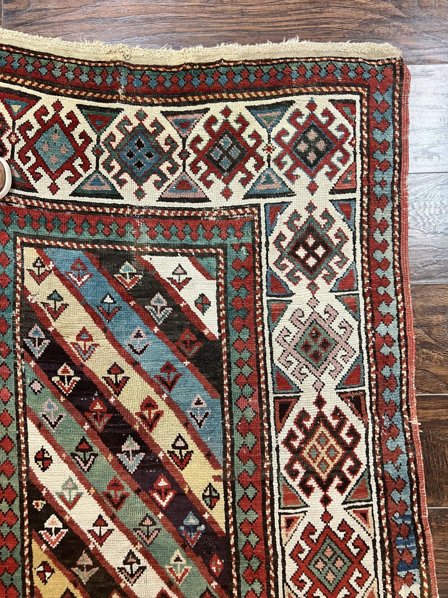 Caucasian Kazak Runner Rug 3.6 x 8, Wool Hand Knotted Antique 1880s Carpet, Ivory & Multicolor Stripes Oriental Runner Rug, Hallway Rug - Nuvé