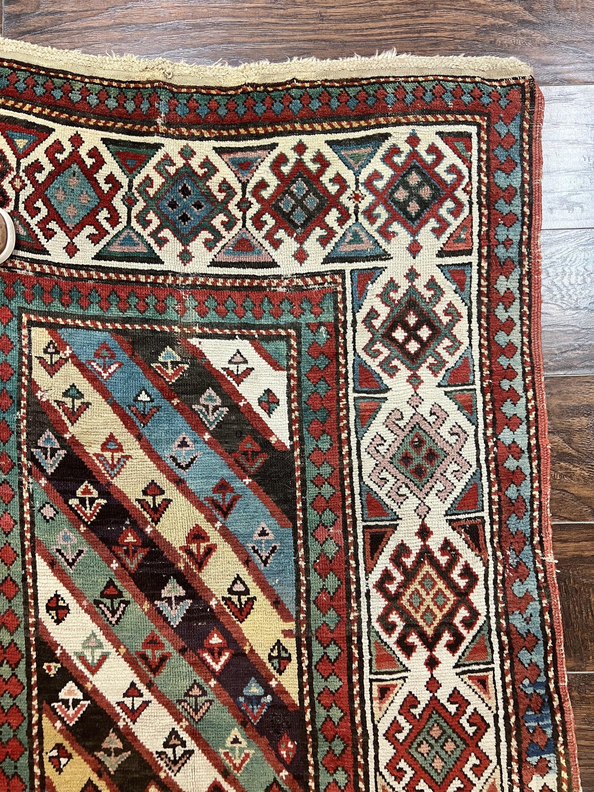 Caucasian Kazak Runner Rug 3.6 x 8, Wool Hand Knotted Antique 1880s Carpet, Ivory & Multicolor Stripes Oriental Runner Rug, Hallway Rug - Nuvé