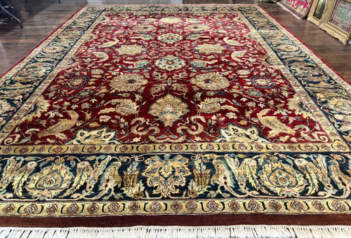 Indo Persian Rug 10x14, Indian Agra Carpet, Vintage Handmade Wool Large Traditional Rug, Dark Red Navy Blue Beige - Nuvé