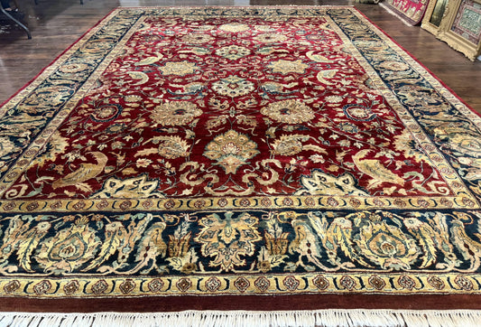 Indo Persian Rug 10x14, Indian Agra Carpet, Vintage Handmade Wool Large Traditional Rug, Dark Red Navy Blue Beige - Nuvé