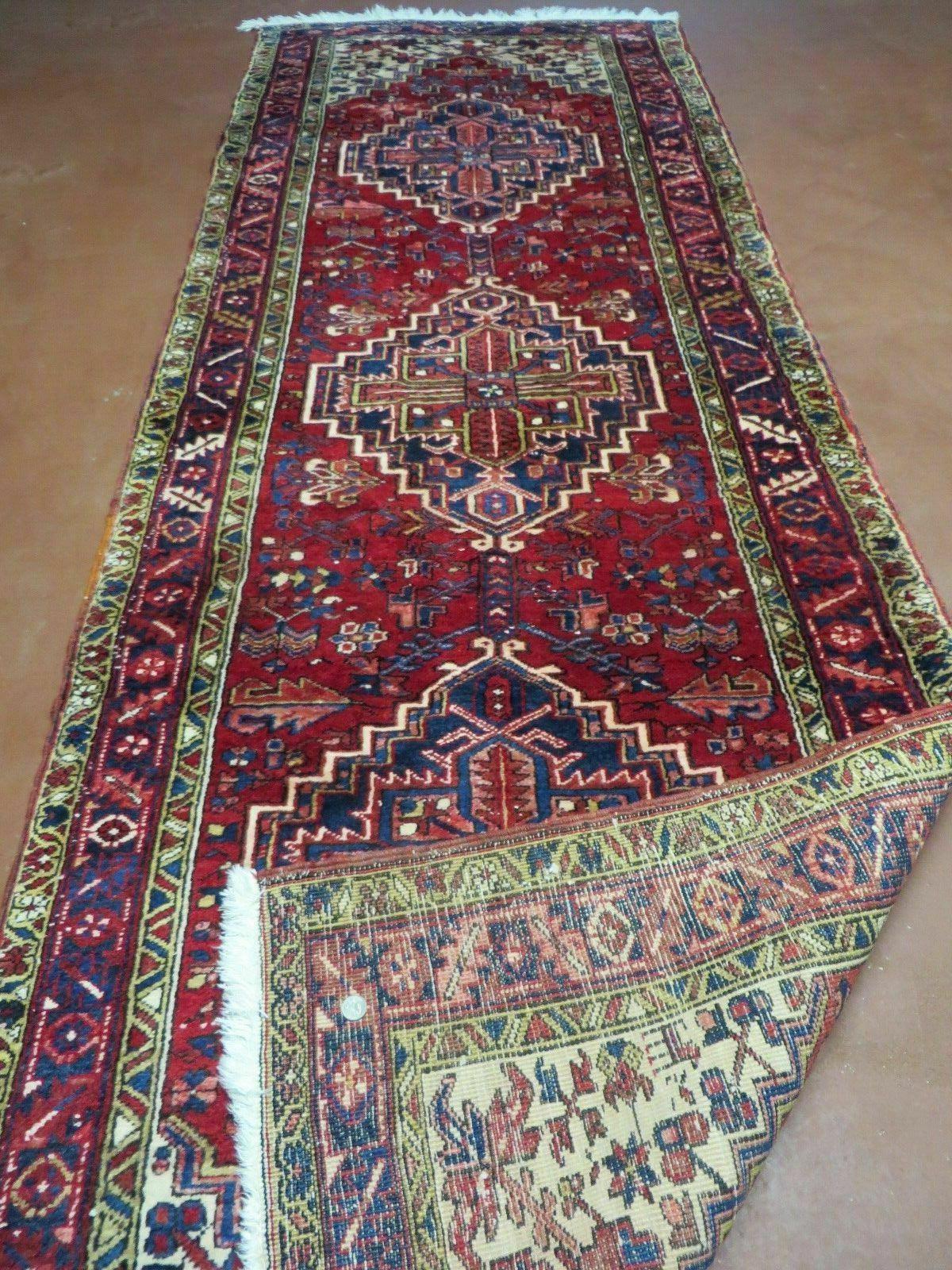 Persian Runner Rug, Heriz Runner Rug, Geometric Medallions, Red Cream Navy Blue Wool Hallway Rug 3.9 x 10.8 Antique Oriental Runner Handmade - Nuvé