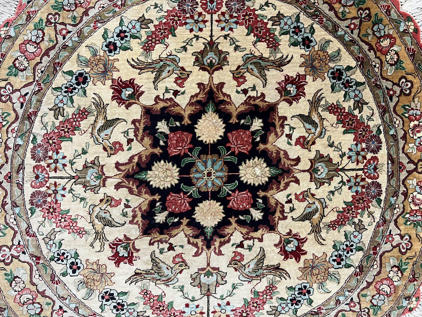 Silk Persian Tabriz Round Rug 3x3 ft, Very Fine Hand Knotted Carpet 380 KPSI, Cream & Gold, Bird Pictorials, Floral, Rare - Nuvé