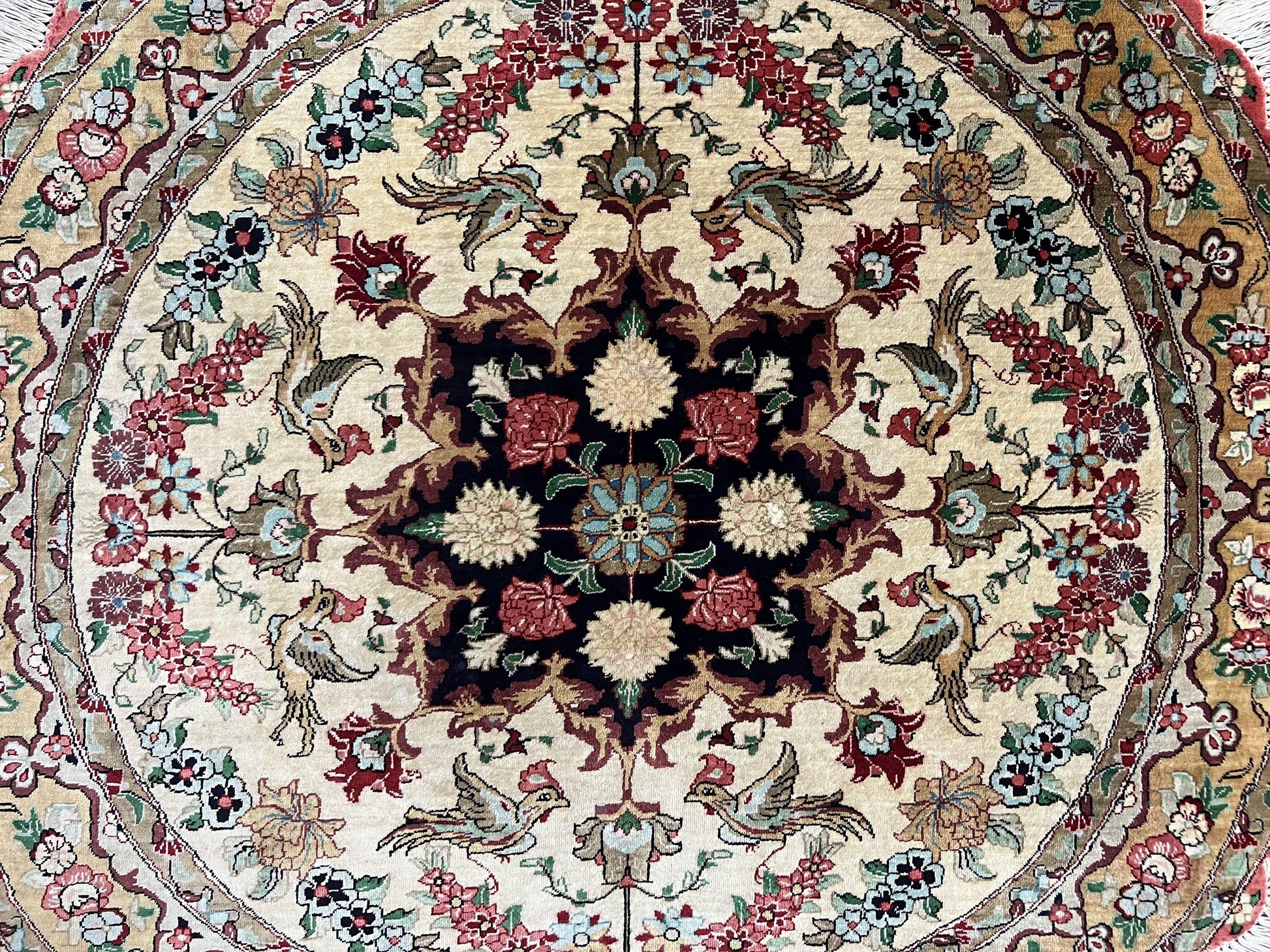 Silk Persian Tabriz Round Rug 3x3 ft, Very Fine Hand Knotted Carpet 380 KPSI, Cream & Gold, Bird Pictorials, Floral, Rare - Nuvé