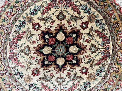 Silk Persian Tabriz Round Rug 3x3 ft, Very Fine Hand Knotted Carpet 380 KPSI, Cream & Gold, Bird Pictorials, Floral, Rare - Nuvé