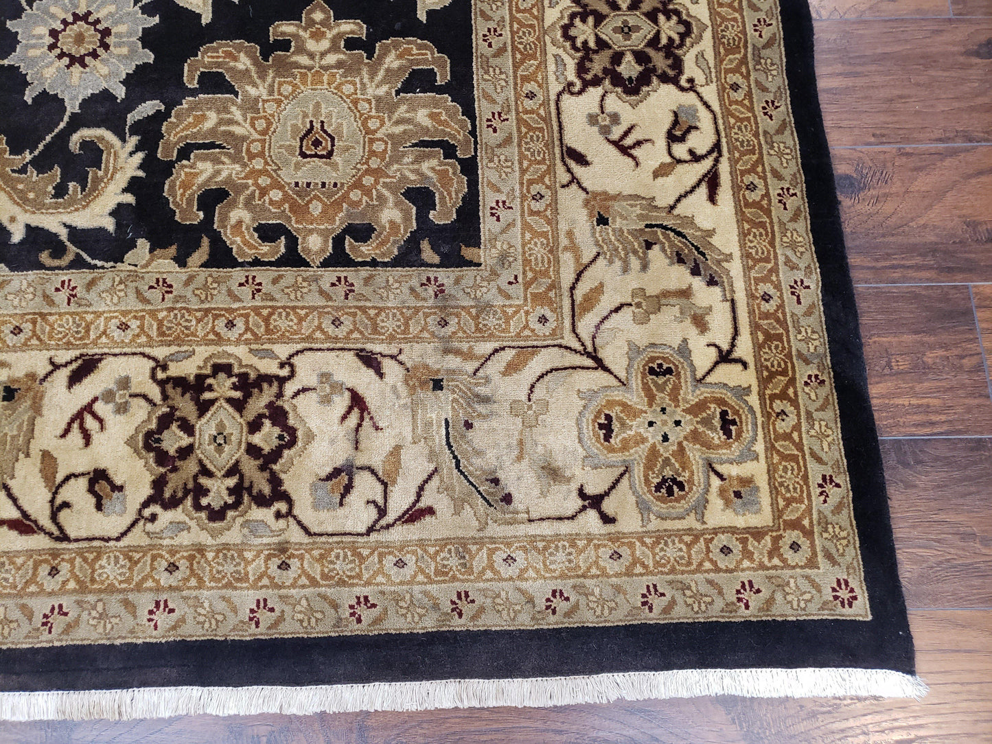 Indo Mahal Rug 8x12, Indian Sultanabad Handmade Area Rug, Vintage Hand-Knotted Wool Black Floral Traditional Oriental Dinning Room Rug - Nuvé