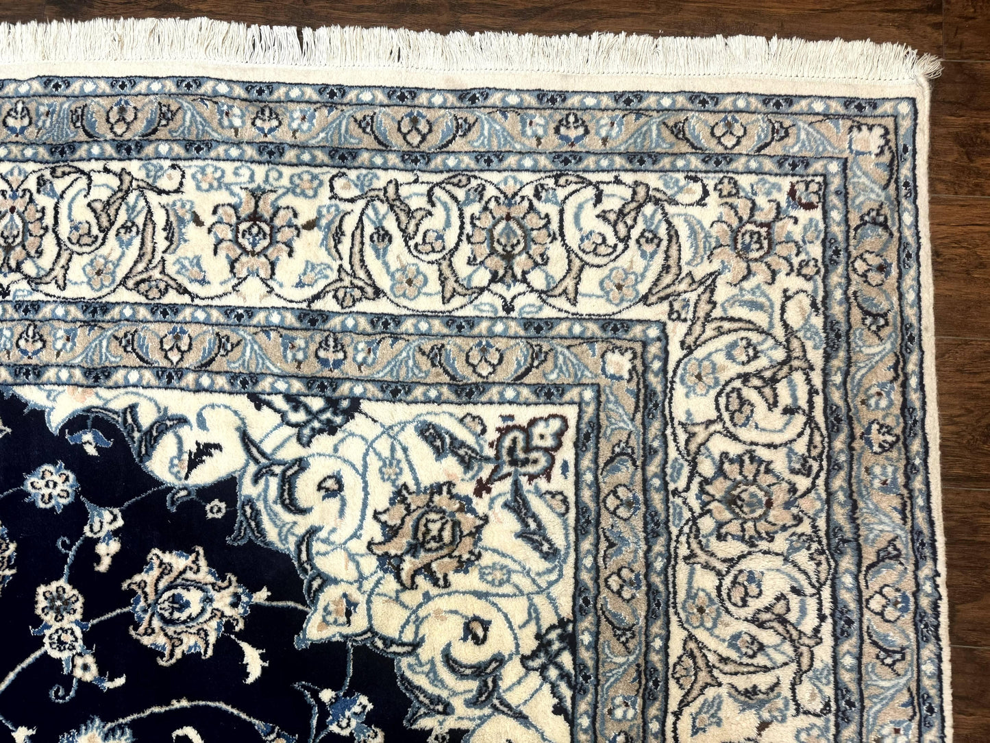 Persian Nain Rug 8x11, Navy Blue and Ivory, Handmade Wool Vintage Carpet, Floral Medallion - Nuvé