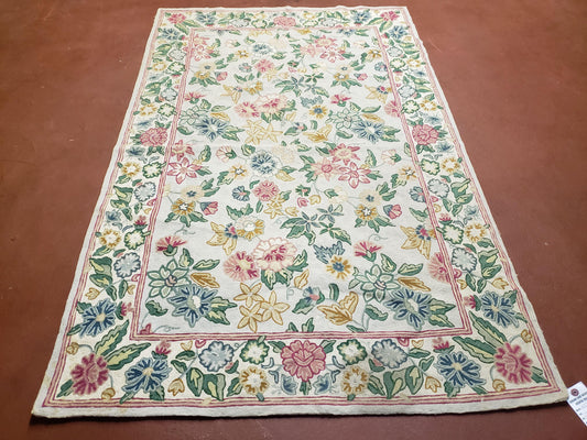 4x6 Chain Stitch Rug 3x5 Indian Rug Hand-Stitched Indo Rug 3' 6" x 5' 5" Floral Pattern Colorful Vintage Wool Pile Cotton Area Rug Flowers - Nuvé