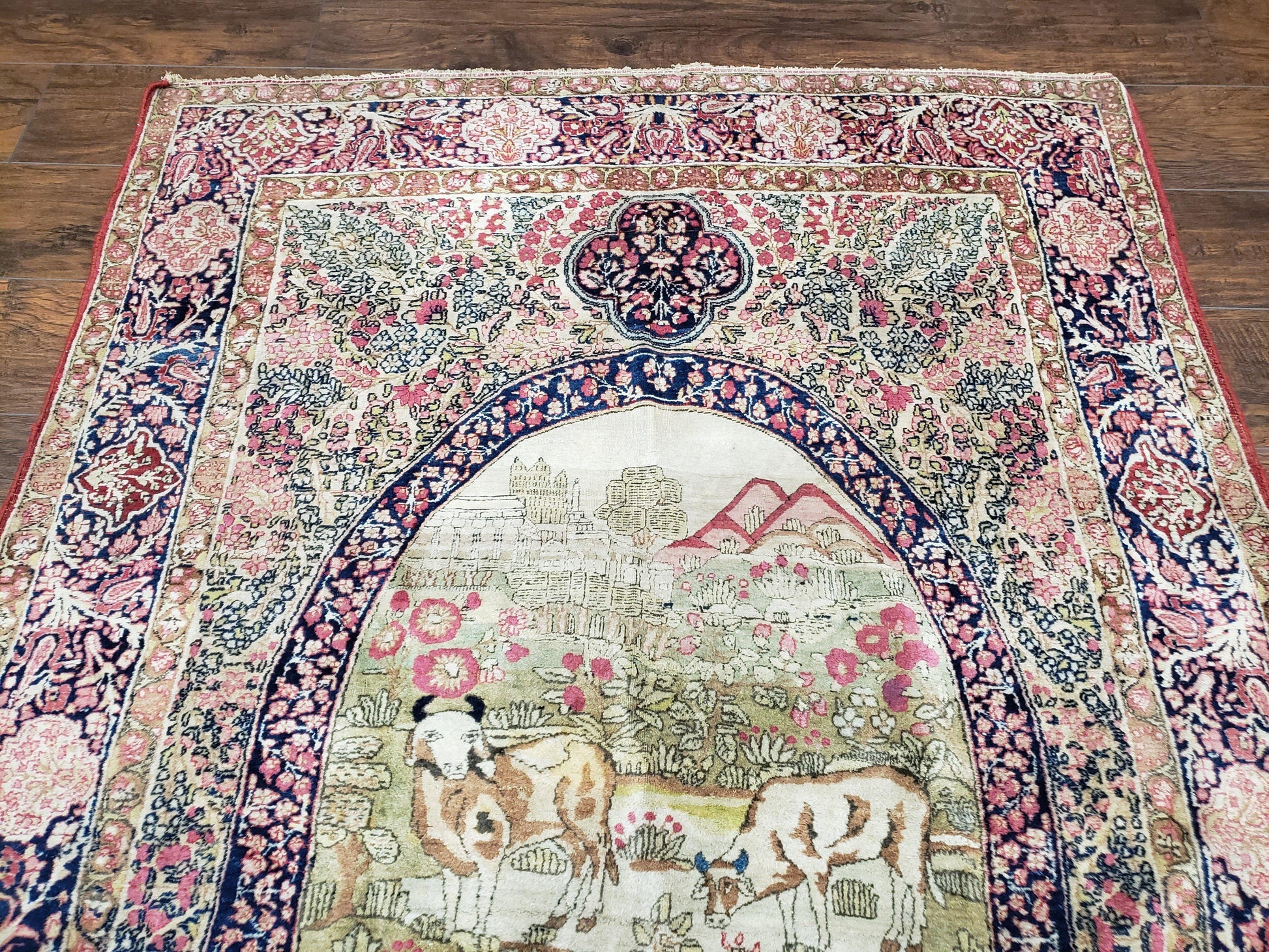Antique Persian Kirman Rug 4.4 x 7.5, Highly Collectible, Late 19th Early 20th Century Rug, Millefleurs, Cows, Wool Hand Knotted, Pictorial - Nuvé