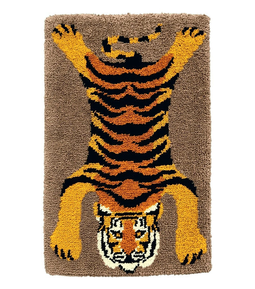 Small Hooked Rug 2x3, Tibetan Tiger Design, Wool, Unique Hooked Rug, Vintage