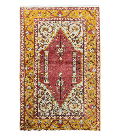 Antique Turkish Prayer Rug 3x5, Hand Knotted Turkish Melas Oushak Wool Carpet, Mehrab Rug, Orange & Red Vintage Rug 3 x 5 Collectible