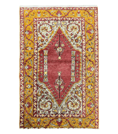 Antique Turkish Prayer Rug 3x5, Hand Knotted Turkish Melas Oushak Wool Carpet, Mehrab Rug, Orange & Red Vintage Rug 3 x 5 Collectible