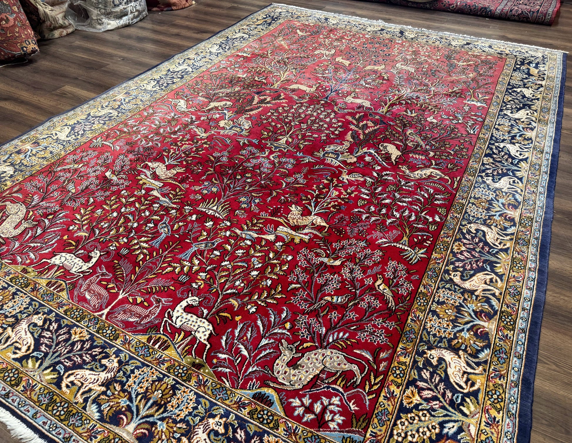 Persian Qum Rug 9x12, Animal Pictorials, Deer Birds, Tree of Life, Red and Navy Blue - Nuvé