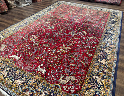 Persian Qum Rug 9x12, Animal Pictorials, Deer Birds, Tree of Life, Red and Navy Blue - Nuvé