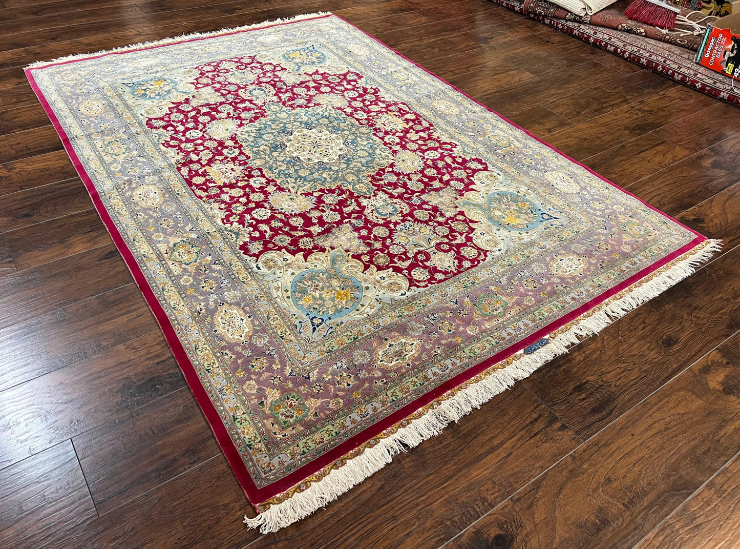 Stunning Persian Tabriz Rug 5x7, Signed by Masterweaver, Maroon, Floral Medallion, Ultra Fine 70 Raj 625 KPSI, Kork Wool Silk Foundation, Handmade - Nuvé