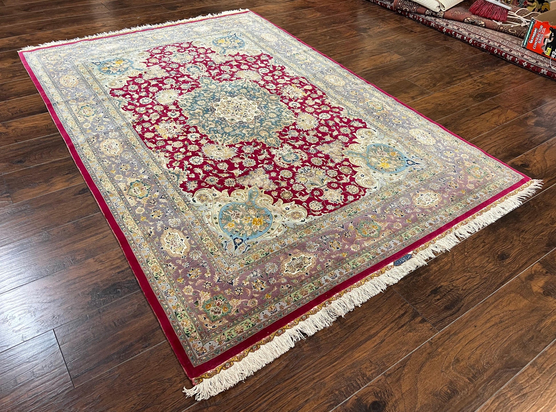 Stunning Persian Tabriz Rug 5x7, Signed by Masterweaver, Maroon, Floral Medallion, Ultra Fine 70 Raj 625 KPSI, Kork Wool Silk Foundation, Handmade - Nuvé