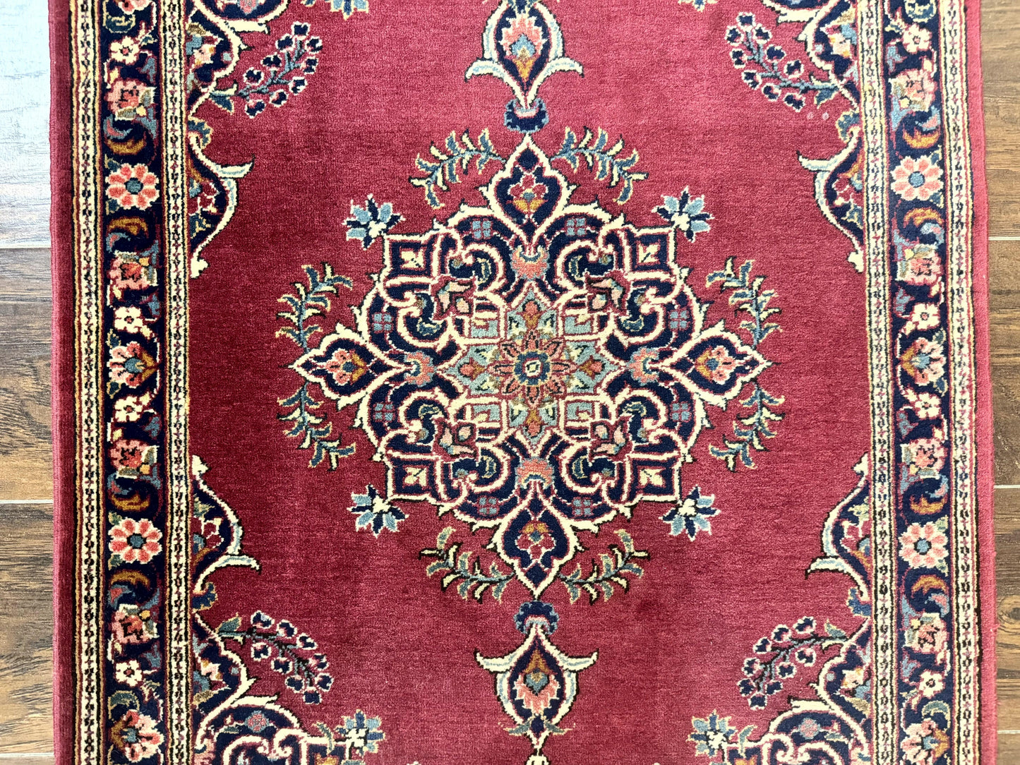 Small Persian Kashan Rug 2x3, Red and Navy Blue, Handmade Vintage Wool Semi Antique Persian Carpet, Semi Open Field, Pair B - Nuvé