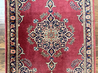 Small Persian Kashan Rug 2x3, Red and Navy Blue, Handmade Vintage Wool Semi Antique Persian Carpet, Semi Open Field, Pair B - Nuvé