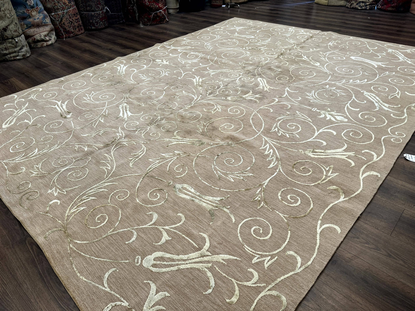Tibetan Rug 9x12 Wool and Silk Beige Modern Handmade Carpet - Nuvé