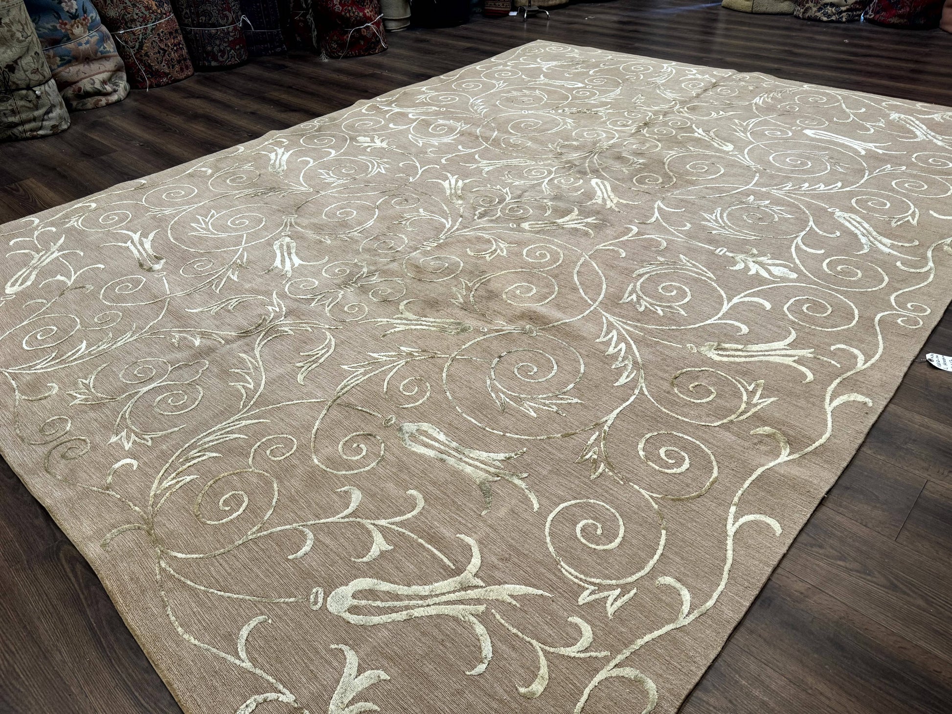 Tibetan Rug 9x12 Wool and Silk Beige Modern Handmade Carpet - Nuvé