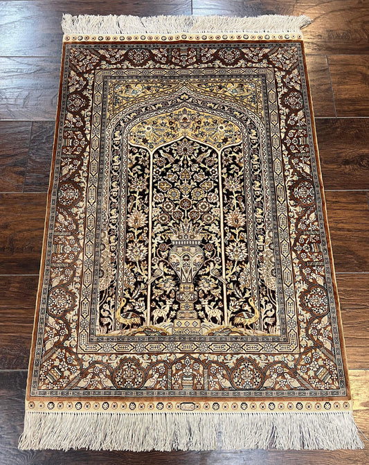 Turkish Silk Hereke Rug 2x3, Floral Vase Tree of Life Birds, Silk Pile on Silk Foundation, Vintage Oriental Carpet, Very Fine, Signature - Nuvé