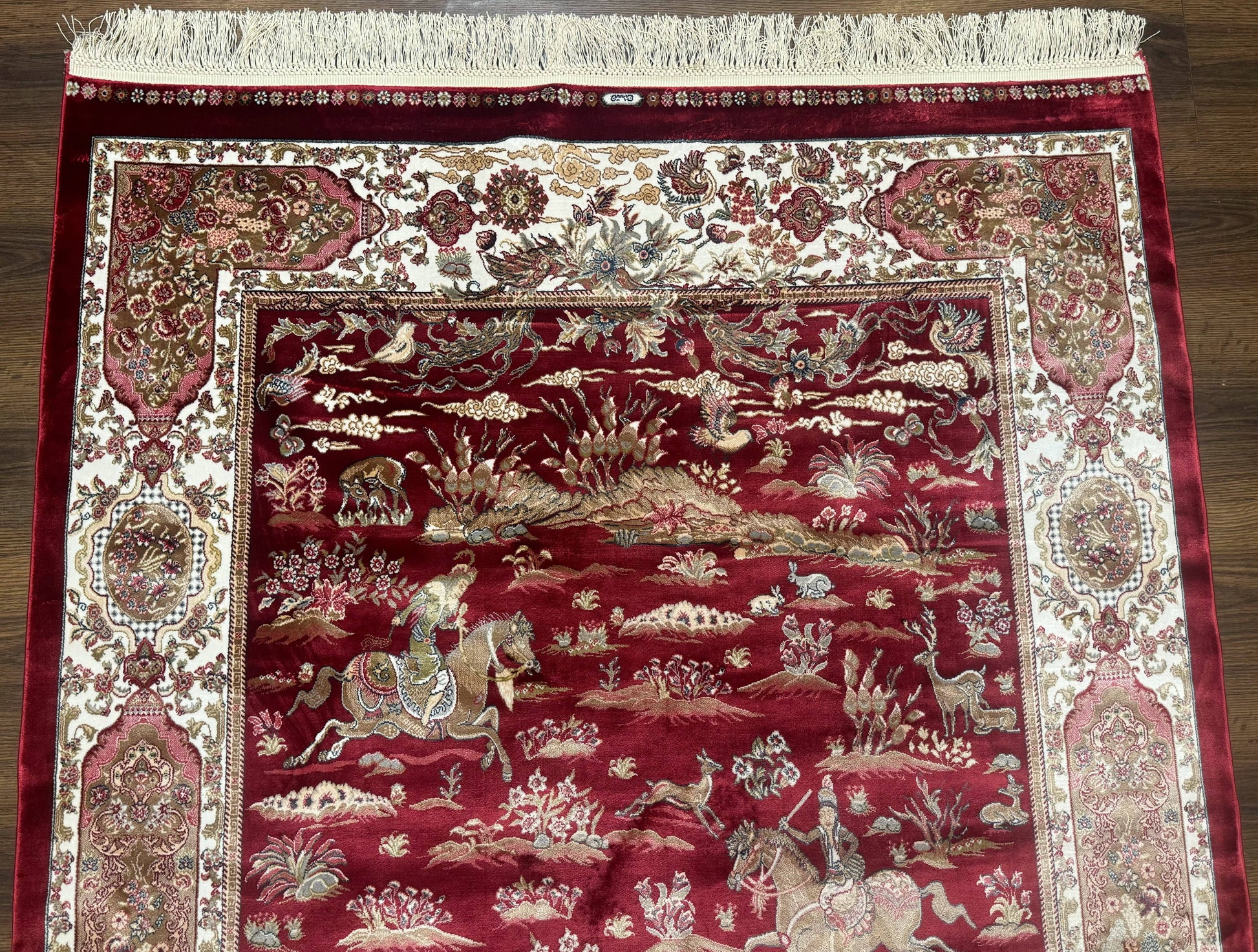 Turkish Silk Hunting Design Rug 4x6, Dark Red & Ivory, Bamboo Silk, New - Nuvé