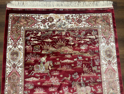 Turkish Silk Hunting Design Rug 4x6, Dark Red & Ivory, Bamboo Silk, New - Nuvé