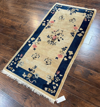 Antique Chinese Peking Rug 3x6, Beige and Dark Blue Hand Knotted Handmade Asian Oriental Carpet, Floral Vases, Vintage Wool Art Deco Rug - Nuvé