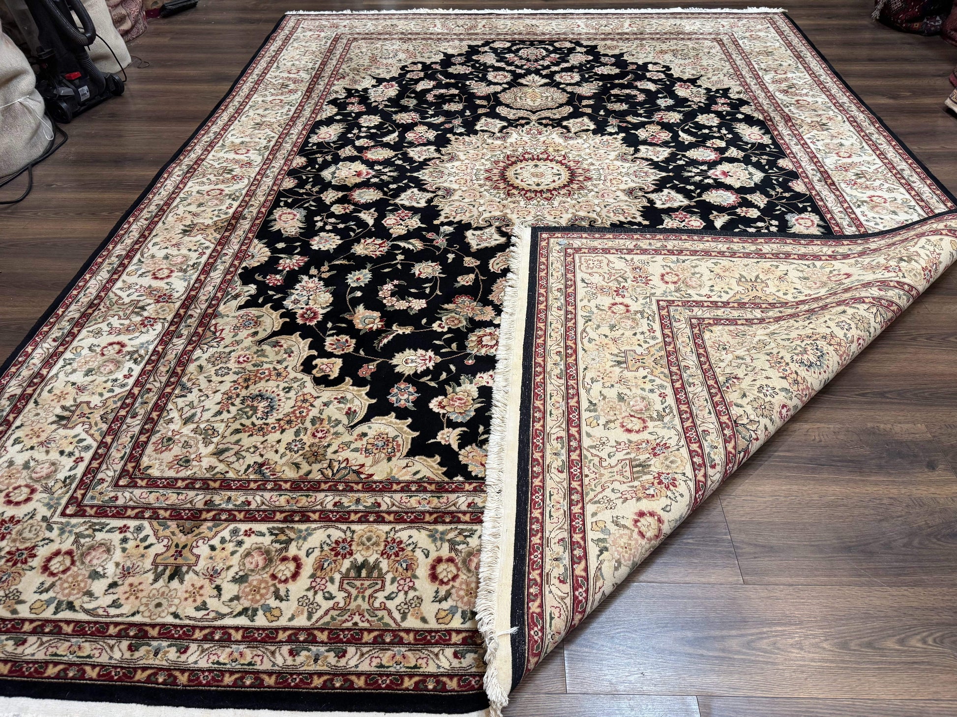 Sino Persian Rug 9x12, Black and Beige, Floral Medallion, Wool & Silk, Handmade - Nuvé