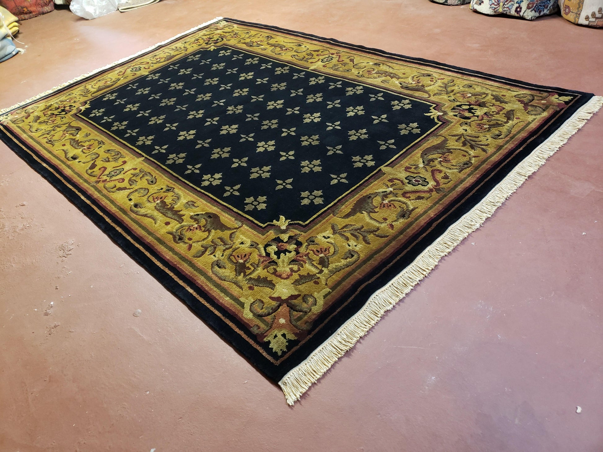6x9 Aubusson Design Nepali Tibetan Rug Black & Tan Hand-Knotted Wool Carpet Soft Plush Pile New Rug Nice - Nuvé