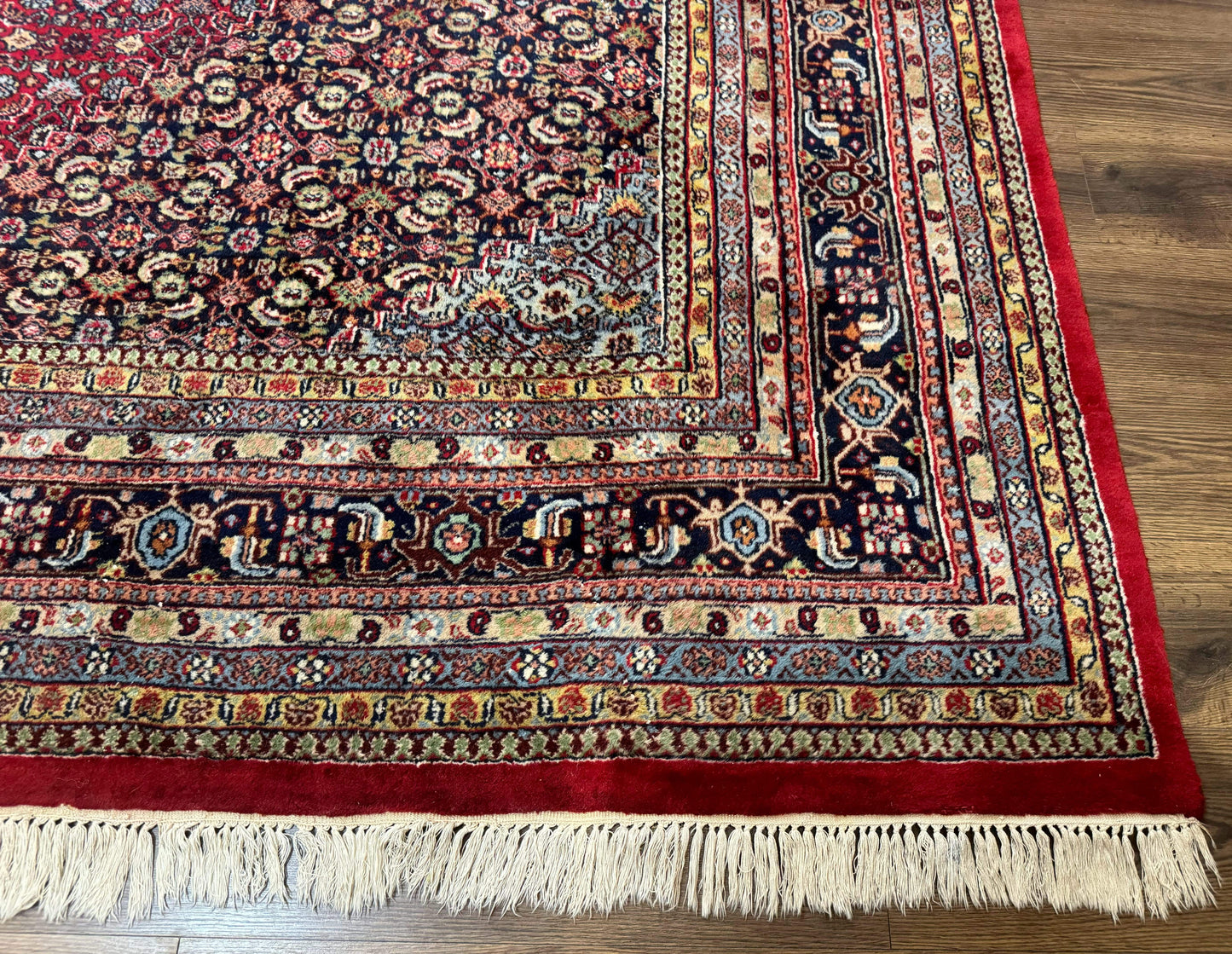 Indo Persian Bidjar Rug 10x14, Red and Dark Blue, Herati Mahi Pattern, Vintage - Nuvé
