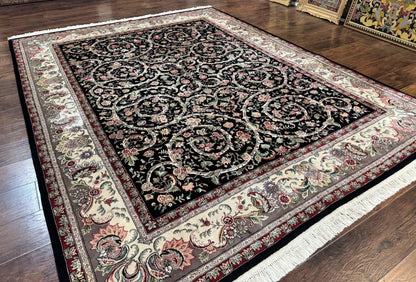 Black Pak Persian Rug 8x11, Floral Pattern, Hand Knotted Vintage Wool Rug with Silk Highlights, Fine 200 KPSI - Nuvé