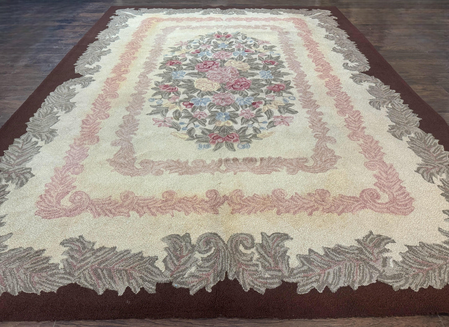 American Hand Hooked Rug 9x12, Vintage Aubusson Carpet, Wool