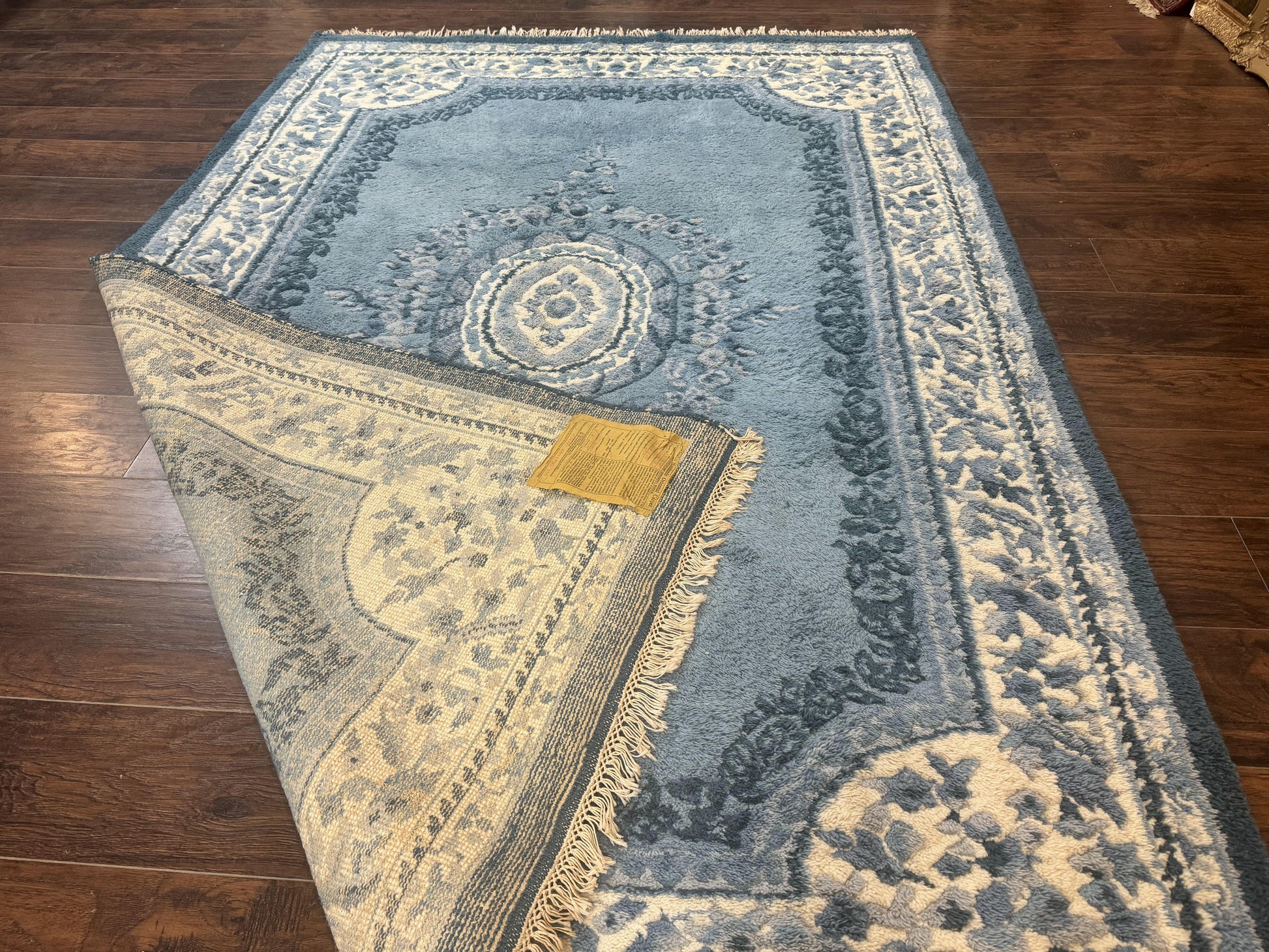 Indo Chinese Aubusson Rug 6x9, Light Blue and Ivory, Handmade Vintage Wool Carpet - Nuvé