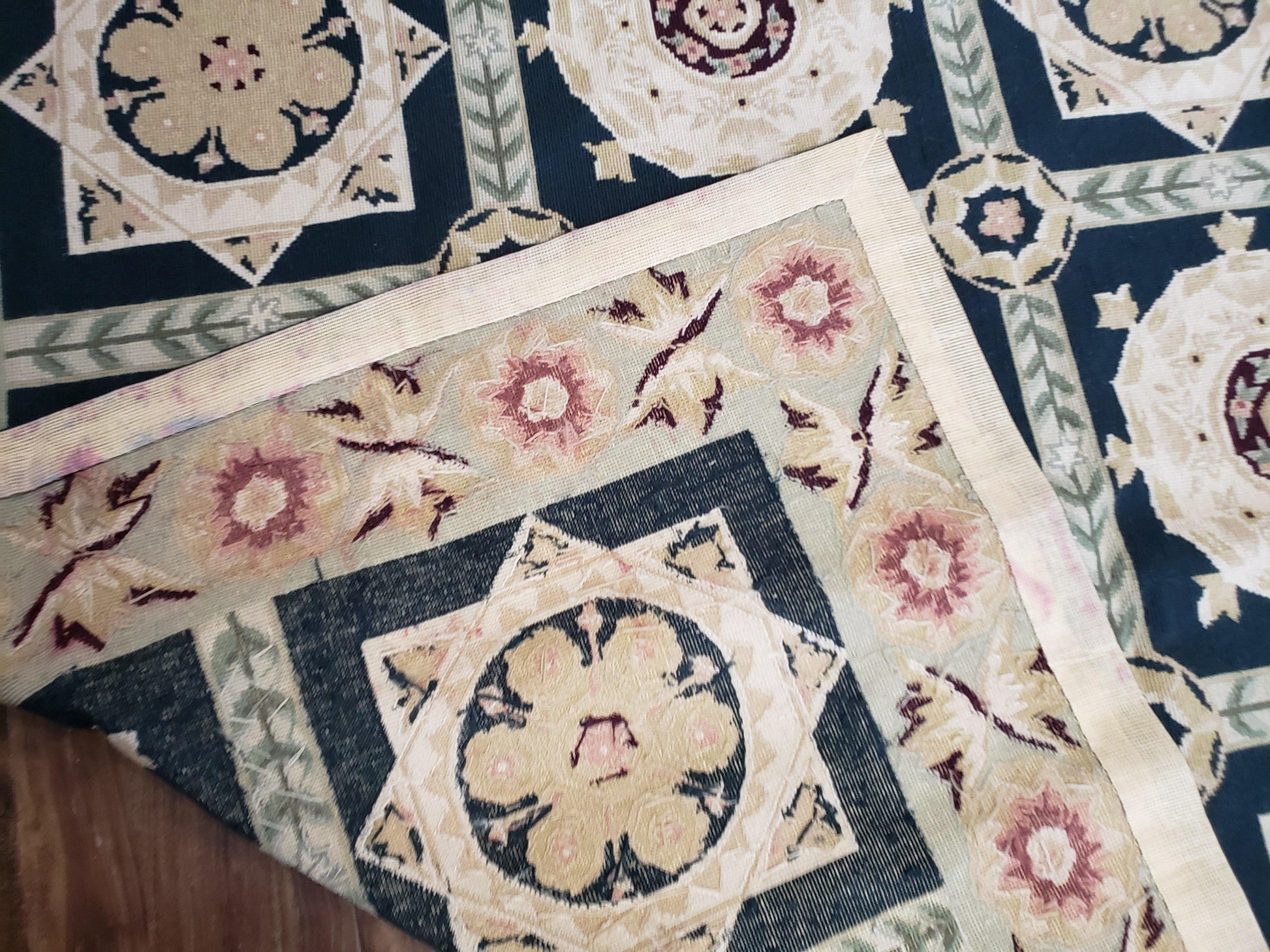 Vintage Chinese Needlepoint Rug 6x9, Panel Design Area Rug Wool Hand-Woven Black & Ivory Carpet Flat Weave Bedroom Rug 6 x 9 Living Room Rug - Nuvé