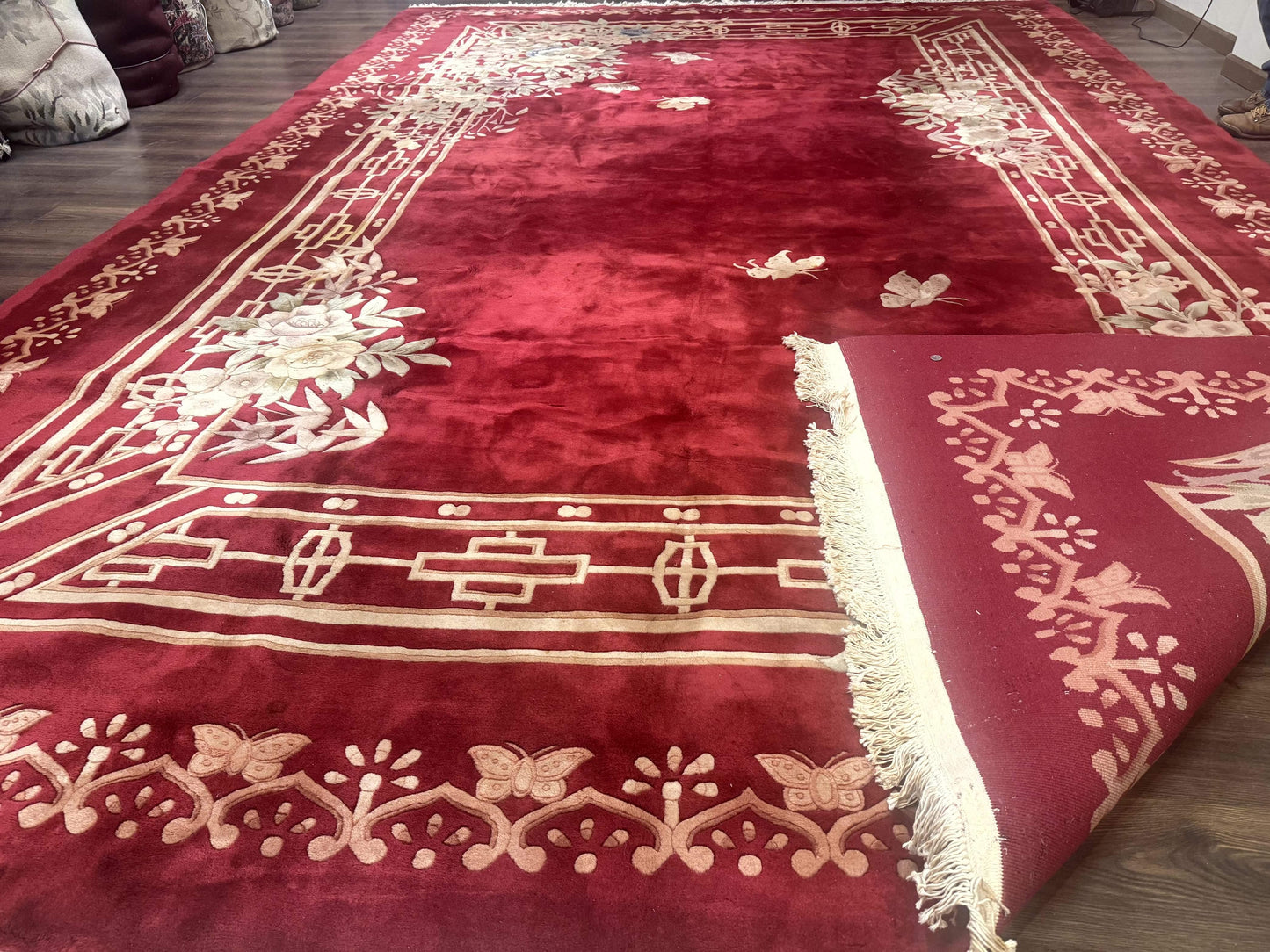 Palace Size Chinese Wool Rug 12x18, Red Art Deco Chinese Carving Carpet, Butterflies Flowers - Nuvé