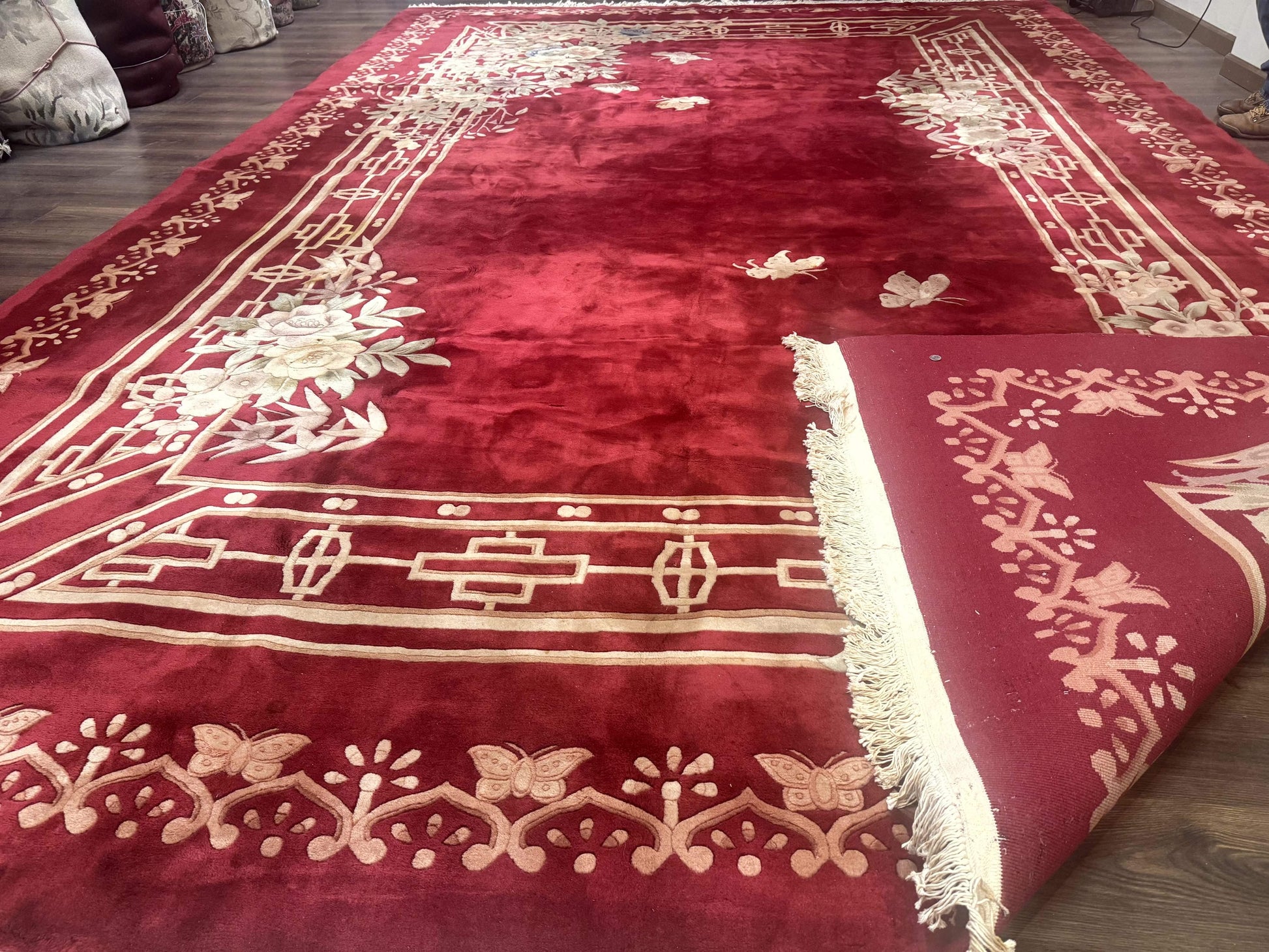 Palace Size Chinese Wool Rug 12x18, Red Art Deco Chinese Carving Carpet, Butterflies Flowers - Nuvé