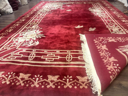 Palace Size Chinese Wool Rug 12x18, Red Art Deco Chinese Carving Carpet, Butterflies Flowers - Nuvé