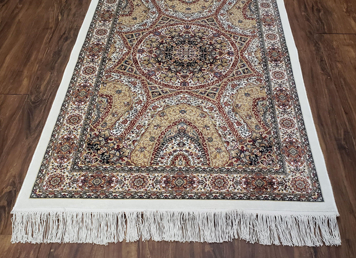 Persian Design Silk Accent Rug, Dome Medallion, Allover Pattern Oriental Carpet, Small Silk Rug, Cream, Ivory, Bamboo Silk, 2' 8" x 4' 1" - Nuvé