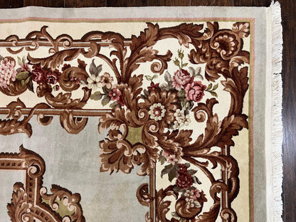 Aubusson Rug 10x13, Cream and Light Mint Green Hand Knotted Handmade French Savonnerie European Carpet, Wool Pile, Large Room Sized Vintage