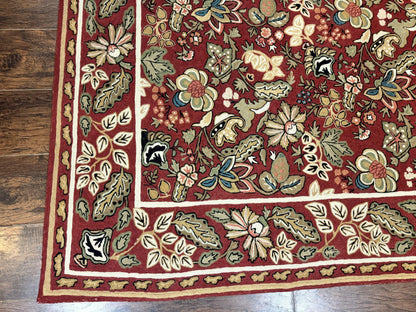 Indian Hand Stitched Rug 8x10, Large Vintage Floral Handmade Carpet, Dark Red Multicolor
