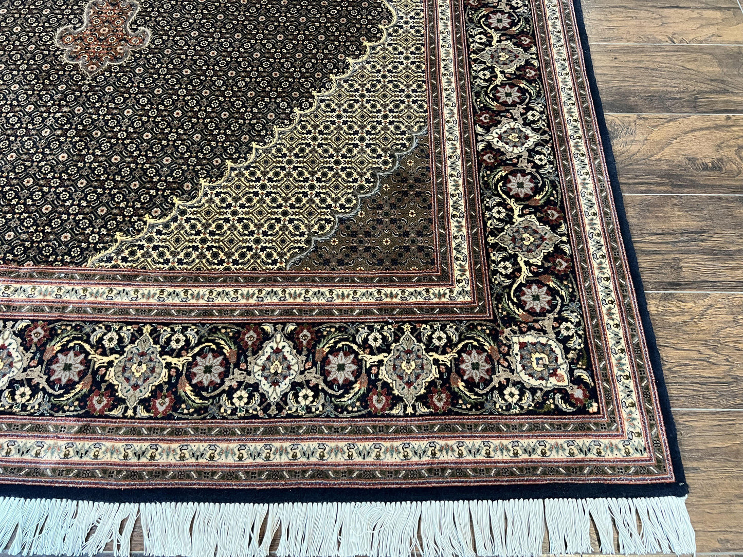 Persian Tabriz Rug 7x10, Very Fine 330 KPSI 50 Raj, Black and Beige, Handmade Wool Vintage Persian Carpet - Nuvé